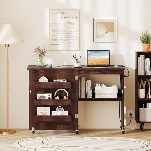 Giantex Folding Sewing Table with Charging Station, Rolling Craft Table with Storage Trays & Shelf, Foldable Sewing Machine Cabinet Desk with Lockable Wheels for Small Spaces (Dark Walnut) in Saudi Arabia
