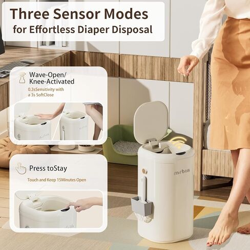 سلة مهملات فضلات القطط من MRBIN مصنوعة من المعدن، سعة 30 لتر / 7.9 جالون، سطل حفاضات امتصاص تلقائي، صندوق قمامة بعجلات، صندوق فضلات للتحكم في رائحة فضلات القطط، مستشعر للحركة in Kuwait