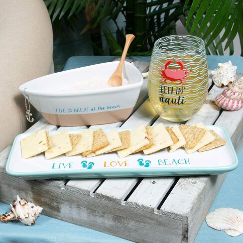 Pavilion - Life Is Great At The Beach - 12 Oz Stoneware Boat Dish Server With Wooden Oar Scoop in Saudi Arabia