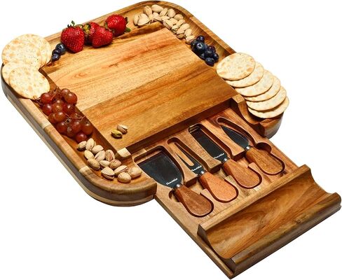 Picnic at Ascot Bamboo Cutting Board for Cheese & Charcuterie with Ceramic Dish, Knife Set & Cheese Markers - Designed & Quality Checked in The USA in Saudi Arabia