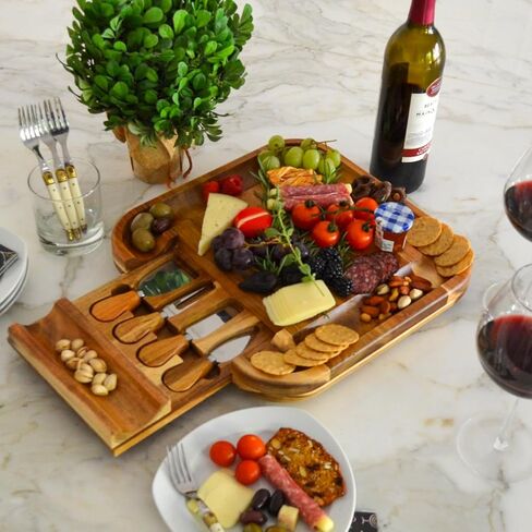 Picnic at Ascot Bamboo Cutting Board for Cheese & Charcuterie with Ceramic Dish, Knife Set & Cheese Markers - Designed & Quality Checked in The USA in Saudi Arabia