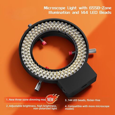 DIYPHONE قابل للتعديل 144 LED ضوء حلقة مضيئة لمجهر ستيريو، مجهر LED ضوء حلقة، مصدر مصباح التركيز، أضواء مخصصة، أداة إضاءة المجاهر الصناعية، أسود in Saudi Arabia