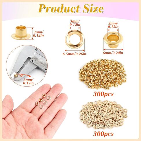 PECMER 300 PCS Gold Eyelets and Grommets- 1/8 Inch Copper Eyelets Grommets with Washers for Belt Bag Tag Scrapbook-3mm Eyelets for Paper Crafts and Fabric Shoes in Saudi Arabia