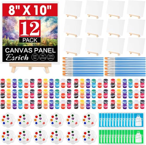 مجموعة ESRICH 12 قطعة قماش وحامل مقاس 8 × 10، طلاء أكريليك صغير، فرش طلاء، لوحات، مآزر، مجموعات طلاء للبالغين الأزواج والأصدقاء ومستلزمات الحفلات الليلية والطلاء in Kuwait