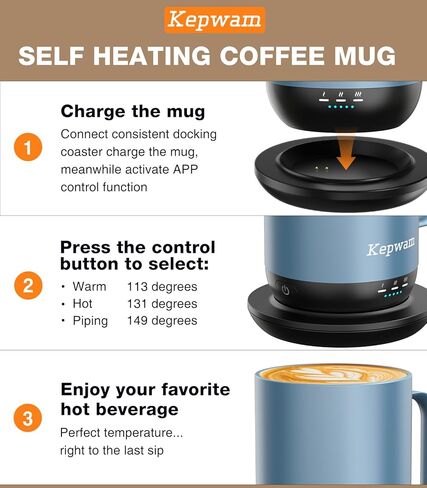 Kepwam Self-Heating Coffee Mug T1-16oz, Fast Heating Rechargeable Heated Coffee Mug, Smart Mug with App & Button Control, Ideal Gift for Coffee Lovers & Hot Drink Enthusiasts in Saudi Arabia