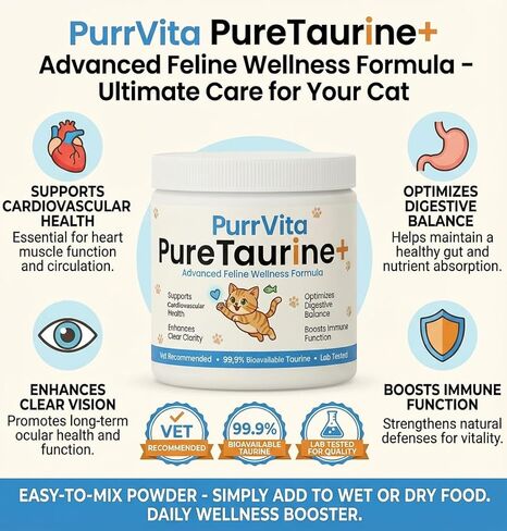 Taurine Supplement for Cats,PurrVita Taurine- 99.9% Pure Taurine Supports Vitality & Coat Health, Easy to Mix in Food, with Dosing Spoon, 200g in Saudi Arabia