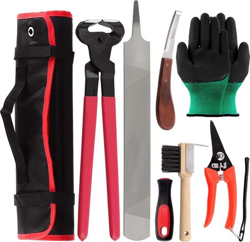 Swpeet 8Pcs Professional Farrier Tools Value Kit with Roll Pack, Horses Hoof Trimmers Shears Tools, Hoof Cutter, Farrier Rasp File and Rubber Handle, Hoof Nipper, Horseshoe Brush, Hoof Knife in Saudi Arabia
