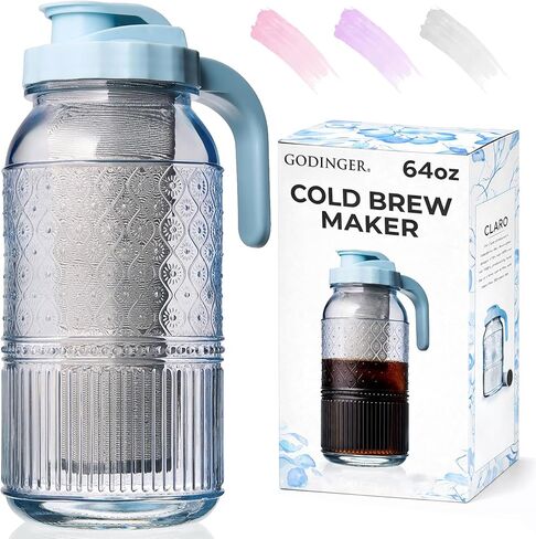 Godinger Cold Brew Coffee Maker 64 oz – Airtight Glass Mason Jar Pitcher Brewer with Leak-Proof Lid & Handle, Wide Mouth Iced Coffee Maker, Vintage Kitchen Decor in Saudi Arabia