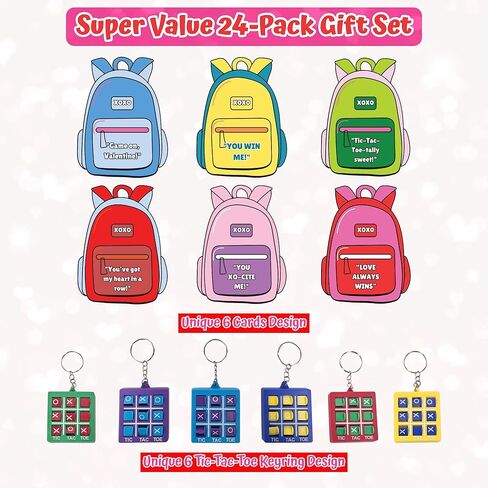 4E's Novelty 24 Pack Classroom Valentine Cards with Tic Tac Toe Keychains Games, Bulk Valentines Day Cards & Gifts for Kids School Valentines Classroom Exchange, Valentines Party Favors in Saudi Arabia