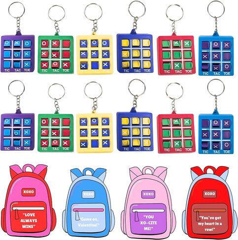 4E's Novelty 24 Pack Classroom Valentine Cards with Tic Tac Toe Keychains Games, Bulk Valentines Day Cards & Gifts for Kids School Valentines Classroom Exchange, Valentines Party Favors in Saudi Arabia