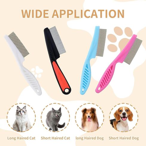 4-Pack Flea Comb for Dogs & Cats - Fine Tooth Stainless Steel Grooming Comb with Anti-Slip Rubber Handle, Removes Fleas, Tangles & Tear Stains (Black, Blue, White & Pink) in Saudi Arabia