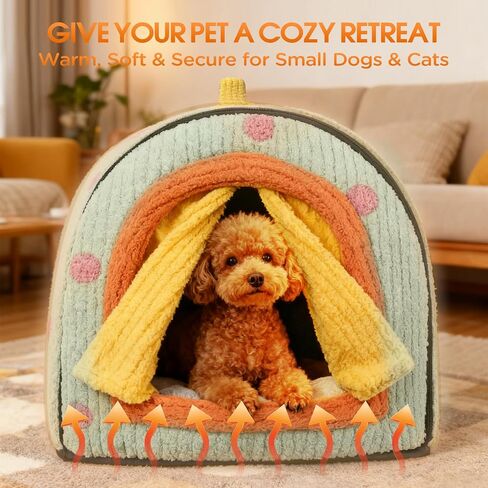 بيت الكلب الداخلي للكلاب الصغيرة، سرير كلب مغلق 2 في 1 مع ستارة، خيمة محمولة دافئة ومخبأ كهف للقطط مع وسادة قطيفة قابلة للغسل للحيوانات الأليفة التي يقل وزنها عن 5.5 رطل (أخضر، صغير) in Kuwait