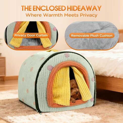 بيت الكلب الداخلي للكلاب الصغيرة، سرير كلب مغلق 2 في 1 مع ستارة، خيمة محمولة دافئة ومخبأ كهف للقطط مع وسادة قطيفة قابلة للغسل للحيوانات الأليفة التي يقل وزنها عن 5.5 رطل (أخضر، صغير) in Kuwait