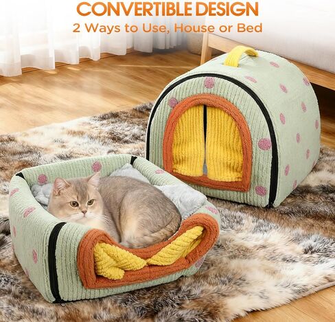بيت الكلب الداخلي للكلاب الصغيرة، سرير كلب مغلق 2 في 1 مع ستارة، خيمة محمولة دافئة ومخبأ كهف للقطط مع وسادة قطيفة قابلة للغسل للحيوانات الأليفة التي يقل وزنها عن 5.5 رطل (أخضر، صغير) in Kuwait