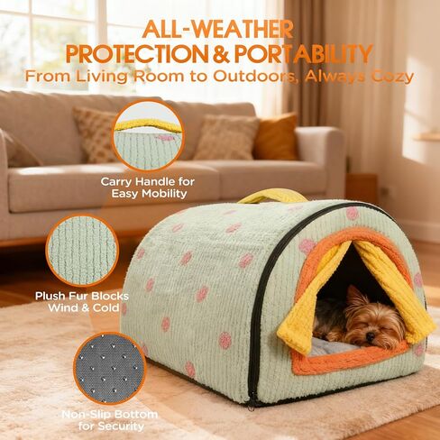 بيت الكلب الداخلي للكلاب الصغيرة، سرير كلب مغلق 2 في 1 مع ستارة، خيمة محمولة دافئة ومخبأ كهف للقطط مع وسادة قطيفة قابلة للغسل للحيوانات الأليفة التي يقل وزنها عن 5.5 رطل (أخضر، صغير) in Kuwait