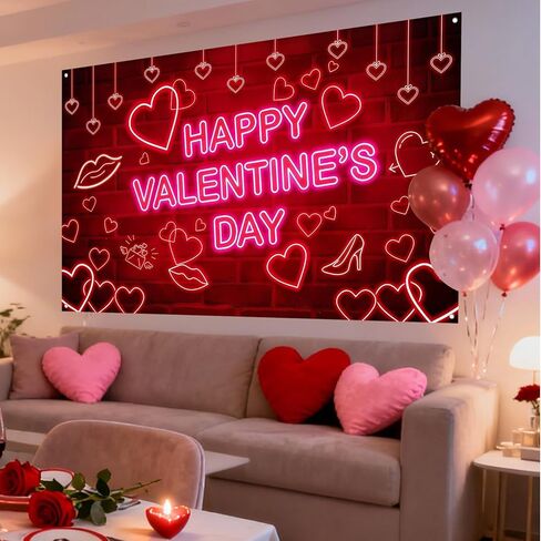 Valentines Day Backdrop - Extra Large 72x44 Inch Valentine's Day Decorations Neon Happy Valentines Day Banner for Wall/Door Decor Couple Wedding Anniversary Photo Props Background Outdoor Sign in Saudi Arabia