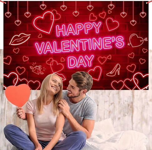 Valentines Day Backdrop - Extra Large 72x44 Inch Valentine's Day Decorations Neon Happy Valentines Day Banner for Wall/Door Decor Couple Wedding Anniversary Photo Props Background Outdoor Sign in Saudi Arabia