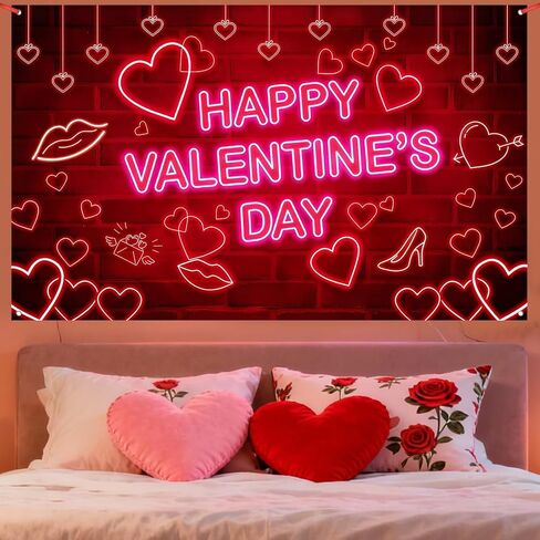 Valentines Day Backdrop - Extra Large 72x44 Inch Valentine's Day Decorations Neon Happy Valentines Day Banner for Wall/Door Decor Couple Wedding Anniversary Photo Props Background Outdoor Sign in Saudi Arabia