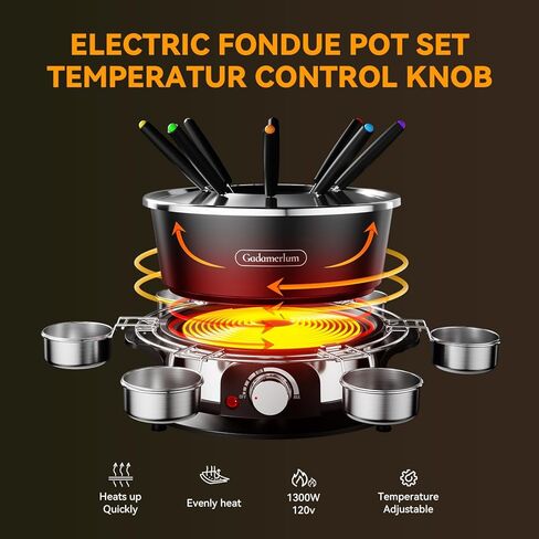 Electric Fondue Pot Set for Chocolate, 1300W Cheese Fondue Set with Multiple Fondue Pots with Adjustable Temperature, 8 Color-Code Fondue Forks, Serve 8 Persons (with 6 plate) in Kuwait