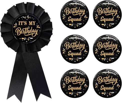 7 Pcs Black Birthday Squad Button Pins - Unisex Badges for Birthday Party Supplies for Adults & Kids Men or Women - 2.35" Button in Saudi Arabia