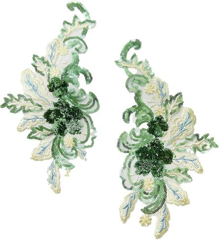 a Pair Flower Lace Appliques Blue Green Embroidery Flowers Sequin Patches Polyester Decorative Floral Appliques Wedding Gown Dress Bridal for DIY Crafting (Green) in Saudi Arabia