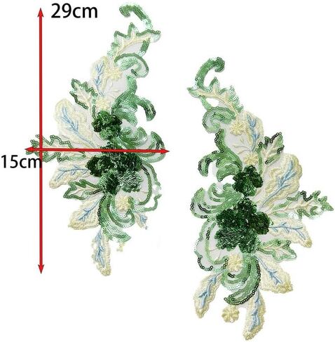 a Pair Flower Lace Appliques Blue Green Embroidery Flowers Sequin Patches Polyester Decorative Floral Appliques Wedding Gown Dress Bridal for DIY Crafting (Green) in Saudi Arabia