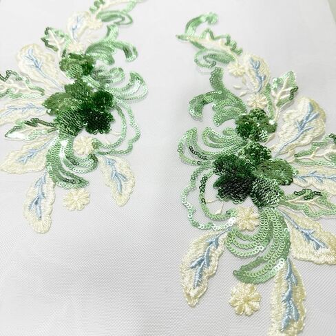a Pair Flower Lace Appliques Blue Green Embroidery Flowers Sequin Patches Polyester Decorative Floral Appliques Wedding Gown Dress Bridal for DIY Crafting (Green) in Saudi Arabia