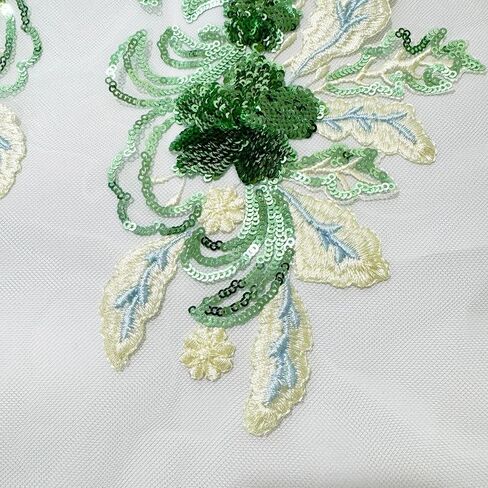 a Pair Flower Lace Appliques Blue Green Embroidery Flowers Sequin Patches Polyester Decorative Floral Appliques Wedding Gown Dress Bridal for DIY Crafting (Green) in Saudi Arabia
