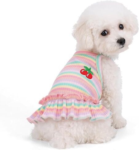 Cute Striped Dog T Shirts Cherry Puppy Dress Soft Cotton Pet Sleeveless Vest Clothes Spring Summer Pet Outfits for Small Dogs Cats Girl (Pink, Medium) in Saudi Arabia