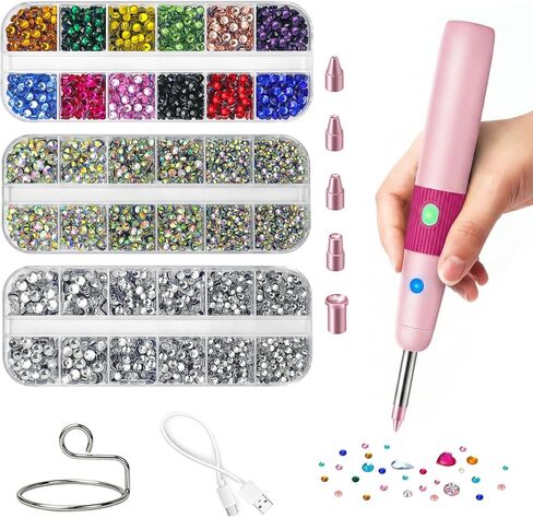 أداة وضع حجر الراين للإصلاح العاجل اللاسلكي من PeakLuv، مجموعة Bedazzler مع وظيفة التقاط الفراغ، عصا تثبيت ساخنة قابلة للتعديل للملابس والنسيج والحرف اليدوية، 5 نصائح و3024 قطعة من أحجار الراين (وردي) in Kuwait