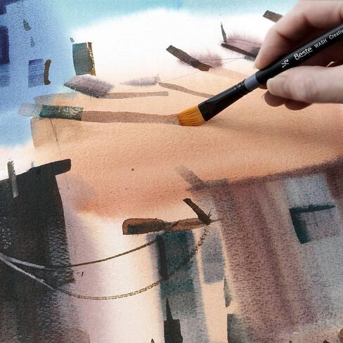 Creative Mark Beste Golden Taklon Angular، فرشاة طلاء فنية مقاس 3/8 بوصة، فرش ألوان مائية احترافية، للرسم الأكريليك، مقبض قصير، حواف حادة، مربوطة يدويًا وعلى شكل in Kuwait