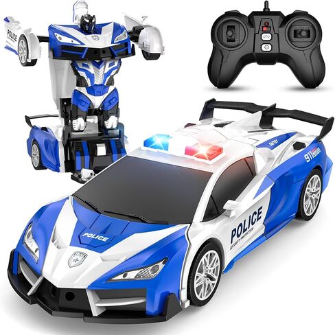 سيارة تحكم عن بعد مع تحويل زر واحد، سيارات RC تتحول إلى روبوت، سيارة شرطة تدور 360 درجة بتردد 2.4 جيجا هرتز مع ضوء، ألعاب تحويل بمقياس 1:18 للأولاد والبنات والأطفال 4-7 8-12 6-8 in Kuwait