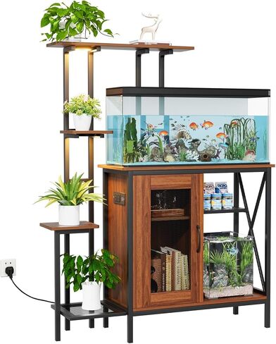 Artswish 20-29 Gallon Fish Tank Stand with Power Outlet & LED Plant Shelf - 2-in-1 Aquarium Stand, Sturdy Metal Frame with Adjustable Shelves, Walnut in Kuwait
