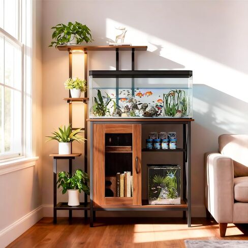 Artswish 20-29 Gallon Fish Tank Stand with Power Outlet & LED Plant Shelf - 2-in-1 Aquarium Stand, Sturdy Metal Frame with Adjustable Shelves, Walnut in Kuwait