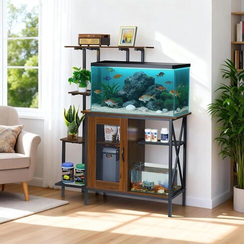 Artswish 20-29 Gallon Fish Tank Stand with Power Outlet & LED Plant Shelf - 2-in-1 Aquarium Stand, Sturdy Metal Frame with Adjustable Shelves, Walnut in Kuwait