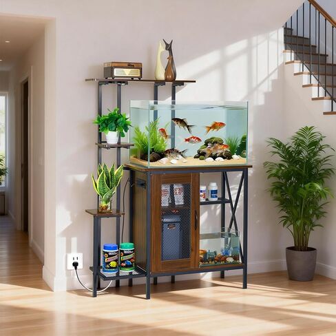 Artswish 20-29 Gallon Fish Tank Stand with Power Outlet & LED Plant Shelf - 2-in-1 Aquarium Stand, Sturdy Metal Frame with Adjustable Shelves, Walnut in Kuwait
