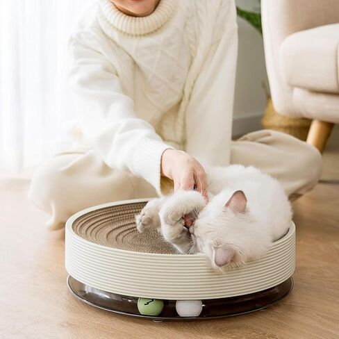 Cat Scratch Pad for Indoor Cat Round Cardboard Cat Scratcher Bed with Cat Ball Toy Ringing Bell for Multi-Cat Households Horizontal Nail File Sleep Fun All-in-One in Saudi Arabia