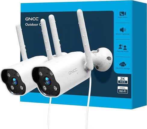 GNCC Outdoor Fixed WiFi Camera, 2K HD, Supports only 2.4GHz WiFi, IP65 Waterproof, Requires Cloud Subscription, Supports Two-Way Audio, Motion Detection, Alarm, and operates 24/7,Black(2-Pack) in Kuwait