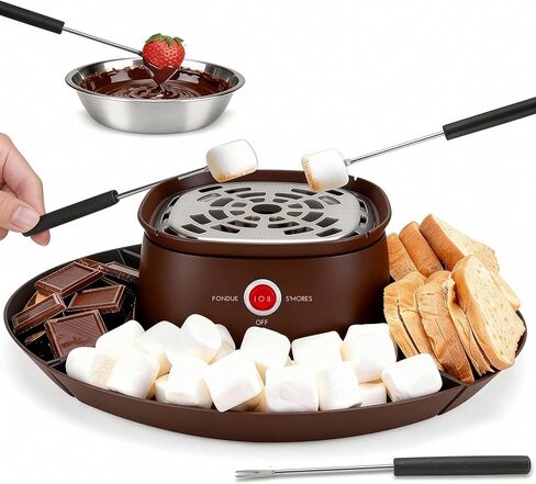 مجموعة صانعة السمور الكهربائية 2 في 1، شواية الخطمي مع 4 شوك، مجموعة سمورز داخلية للأطفال والأزواج، وعاء فوندو الجبن والشوكولاتة، 4 صواني قابلة للفصل، بني in Kuwait