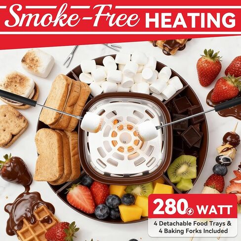 2 in 1 Electric Smore Maker & Fondue Set, Marshmallow Roaster with 4 Forks, Indoor Smores Kit for Kids & Couples, Cheese & Chocolate Fondue Pot, 4 Detachable Trays, Brown in Saudi Arabia