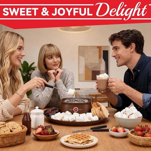 2 in 1 Electric Smore Maker & Fondue Set, Marshmallow Roaster with 4 Forks, Indoor Smores Kit for Kids & Couples, Cheese & Chocolate Fondue Pot, 4 Detachable Trays, Brown in Saudi Arabia
