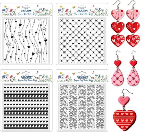 CHGCRAFT 4 Pcs Valentine's Day Heart Grid Polymer Clay Texture Sheet Wave Silicone Clay Texture Mat for Polymer Clay Making Earrings Jewelry DIY Crafts 5.5 × 5.5 Inch in Saudi Arabia