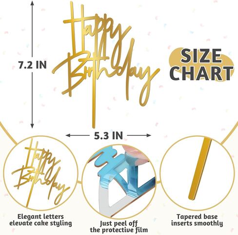 قطعة واحدة من أعلى كعكة عيد الميلاد الذهبية، 5.3 × 7.2 بوصة من الأكريليك، علامة كعكة عيد ميلاد سعيد، مرآة لامعة لتزيين كعكة عيد الميلاد للذكرى السنوية، وحفلات الزفاف، ومستلزمات حفلات أعياد الميلاد in Kuwait