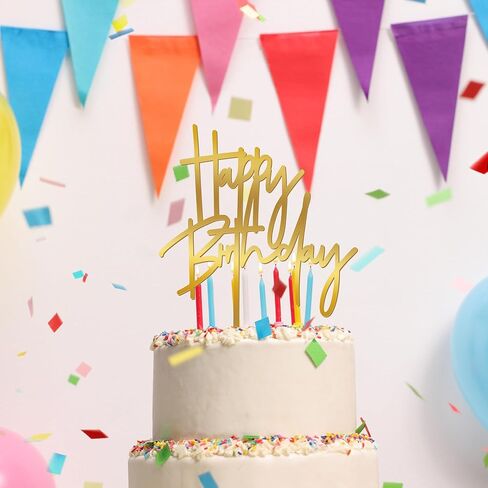 قطعة واحدة من أعلى كعكة عيد الميلاد الذهبية، 5.3 × 7.2 بوصة من الأكريليك، علامة كعكة عيد ميلاد سعيد، مرآة لامعة لتزيين كعكة عيد الميلاد للذكرى السنوية، وحفلات الزفاف، ومستلزمات حفلات أعياد الميلاد in Kuwait
