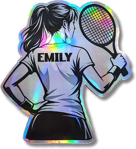 Personalized Female Tennis Player Holographic Sticker – Custom Name Sports Decal for Water Bottles, Laptops, Phone Cases & Gifts for Tennis Players in Saudi Arabia