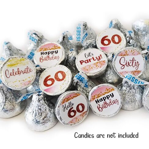 60th Birthday Sticker Labels for Hershey's Kisses Chocolates by Adore By Nat - Sixty Candy Sticker Party Favors in Rose Gold - Set of 240 in Saudi Arabia