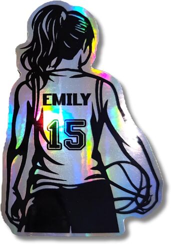Personalized Basketball Girl Player Holographic Sticker – Custom Name and Number Vinyl Decal, Basketball Sticker for Player Athlete Team Gift – Multiple Sizes for Water Bottles, Laptops, Lockers in Saudi Arabia