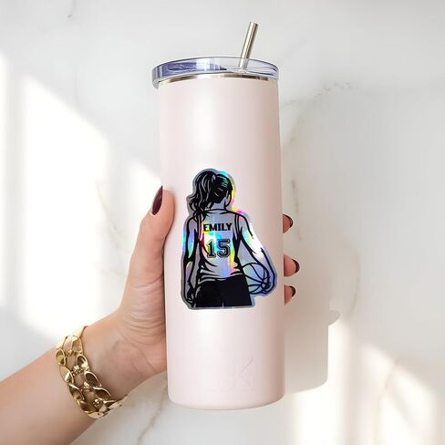 Personalized Basketball Girl Player Holographic Sticker – Custom Name and Number Vinyl Decal, Basketball Sticker for Player Athlete Team Gift – Multiple Sizes for Water Bottles, Laptops, Lockers in Saudi Arabia