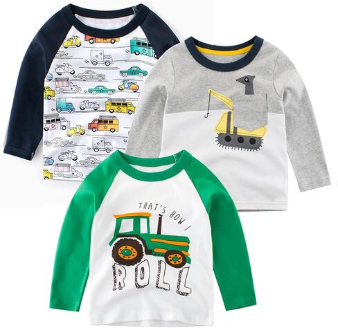 SUPFANS Toddler Boys 3-Pack Long Sleeve Excavator T-Shirt 100% Cotton Basic Tops Car Shirt in Saudi Arabia