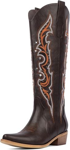 Knee High Cowboy Boots for Women Rhinestone Cowgirl Boots, Trendy Embroidered Western Boots with Almond Toe Side Zipper and Chunky Heel in Saudi Arabia